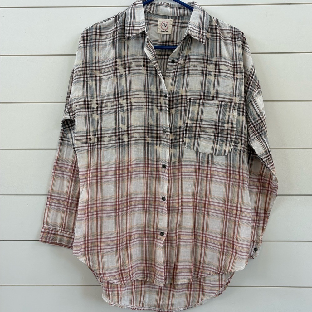 Grace&Emma Distressed Plaid Button-Down Shirt